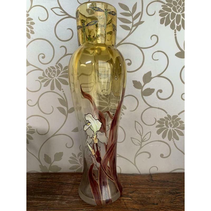 Vase En Verre Émaillé Legras Art Nouveau Iris Libelle 50cm!